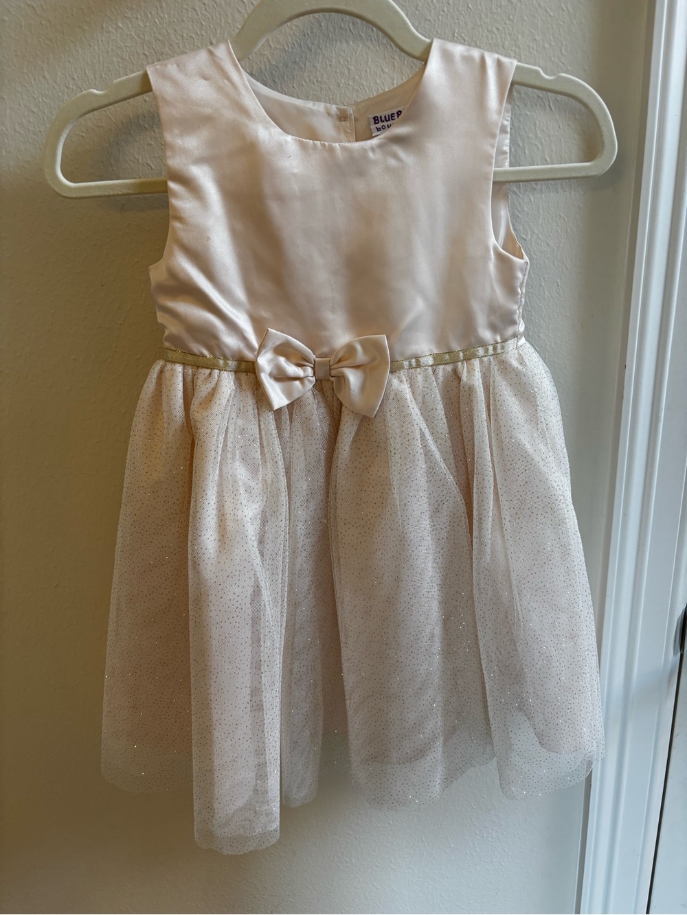 Blueberi Boulevard Girls Ivory Satin & Tulle Dress with Waist Bow